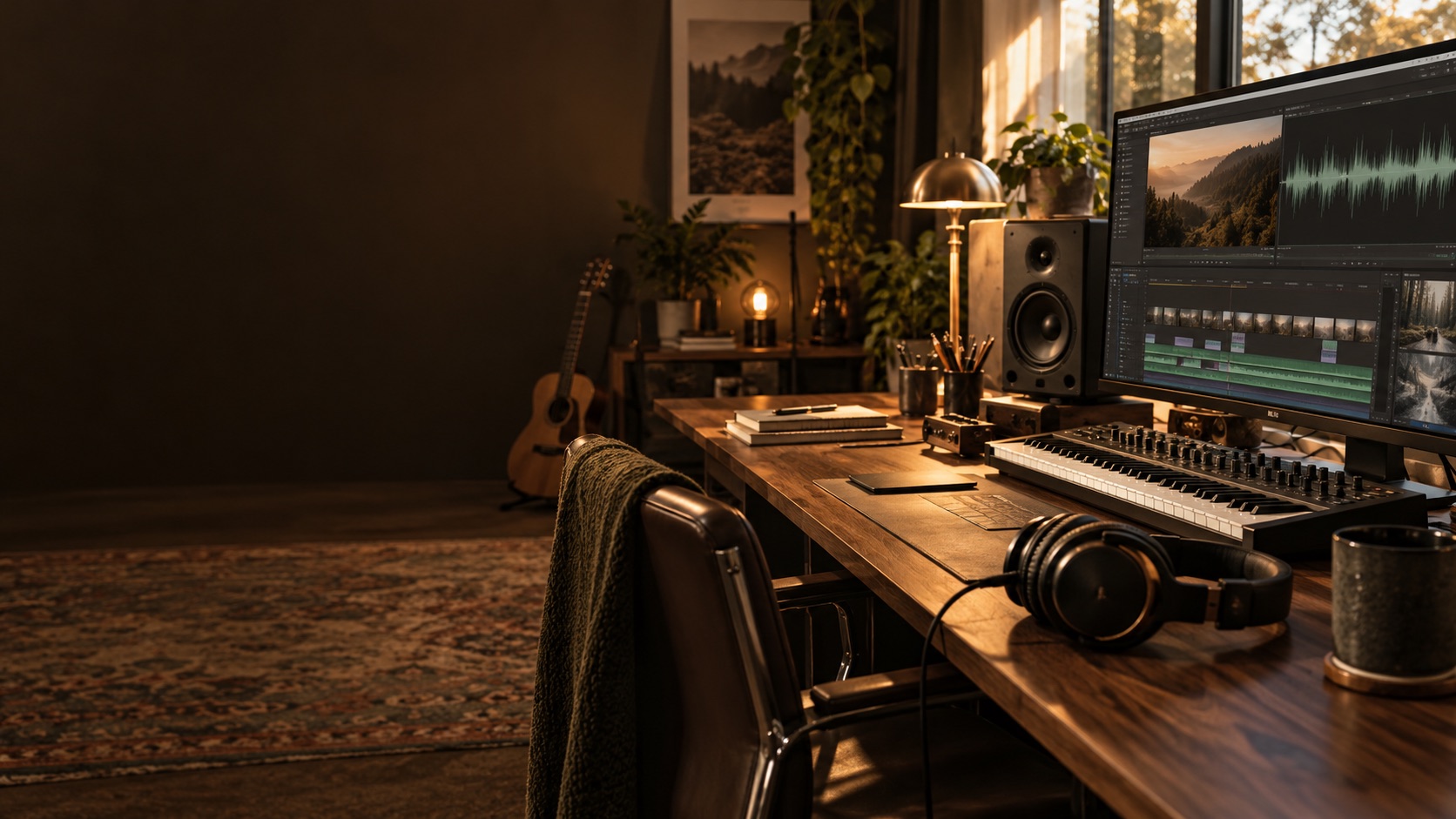Musikstudio mit Kopfhörern, Keyboard und Videoschnitt