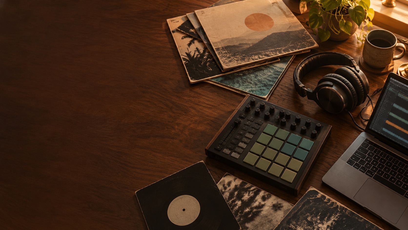 Musikauswahl mit Schallplatten, Kopfhörern und Sampler